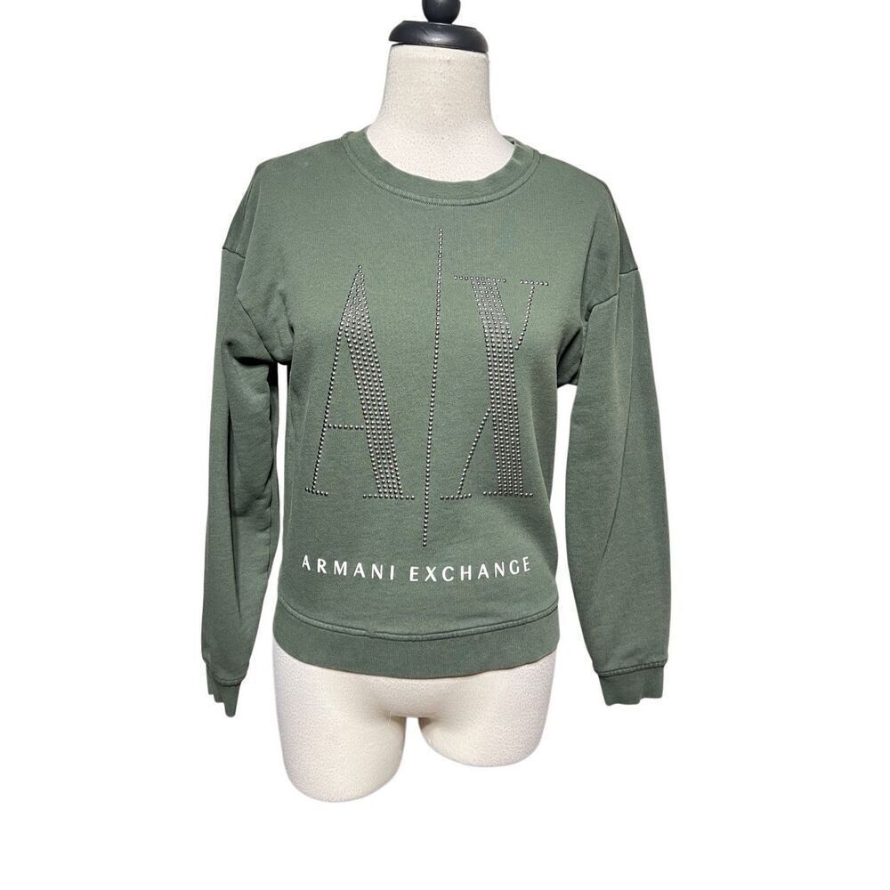 Armani Exchange Icon Period A/X Long Sleeve Green Embellished Pullover Sweatshir